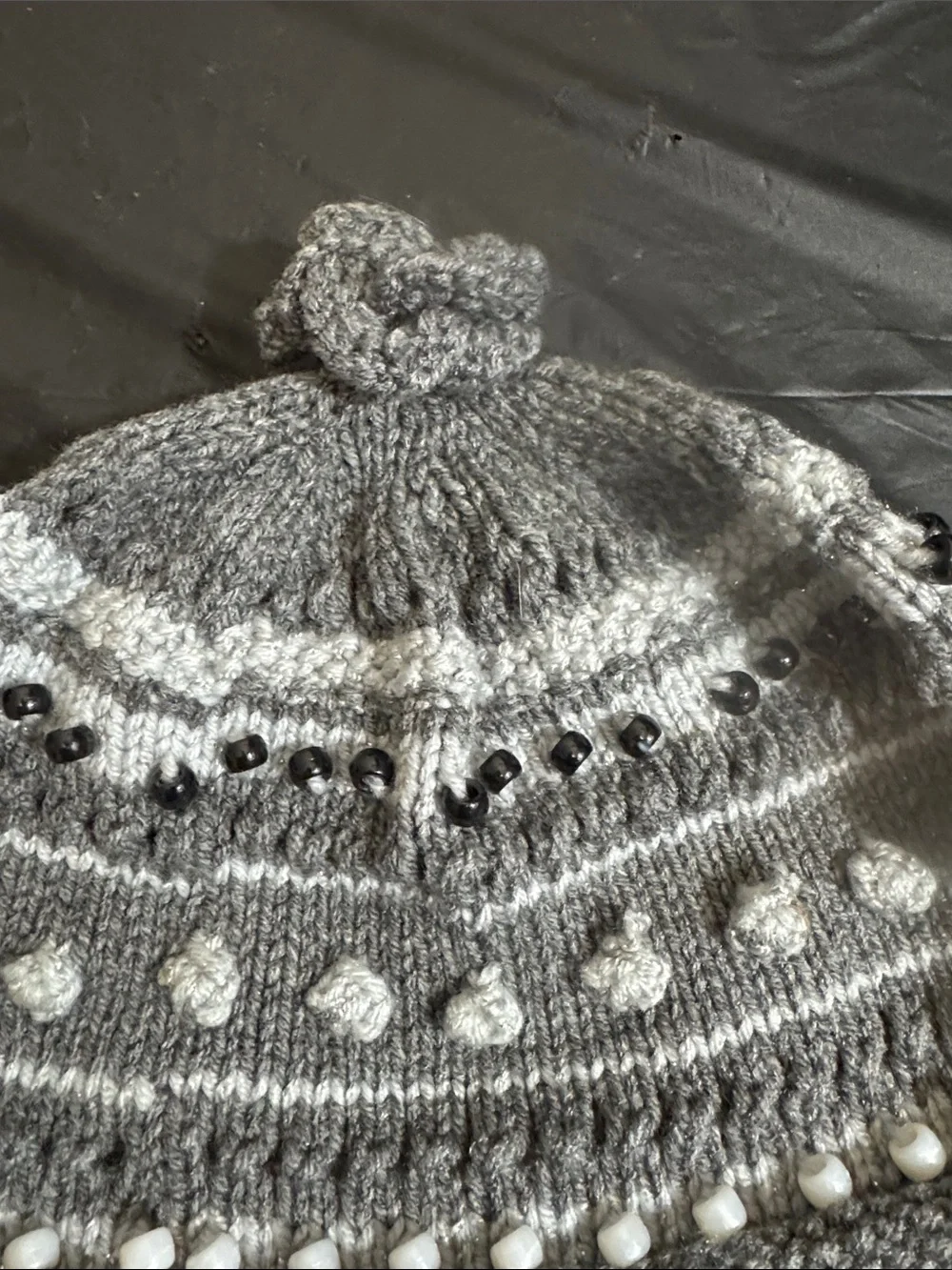 Handmade Gray Knit Kids Beanie with Bead & Pom Detail Shades of Grey OSFM